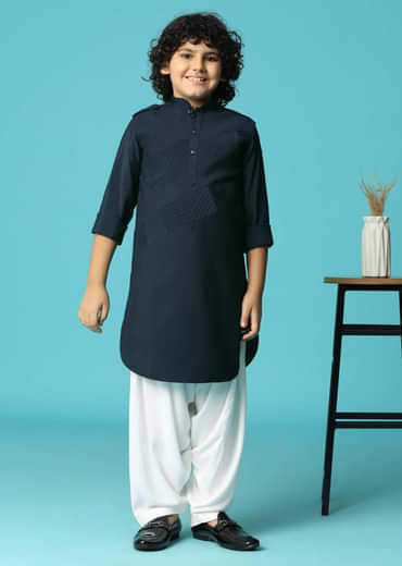 Navy Blue Embroidered Silk Kurta Pant For Boys