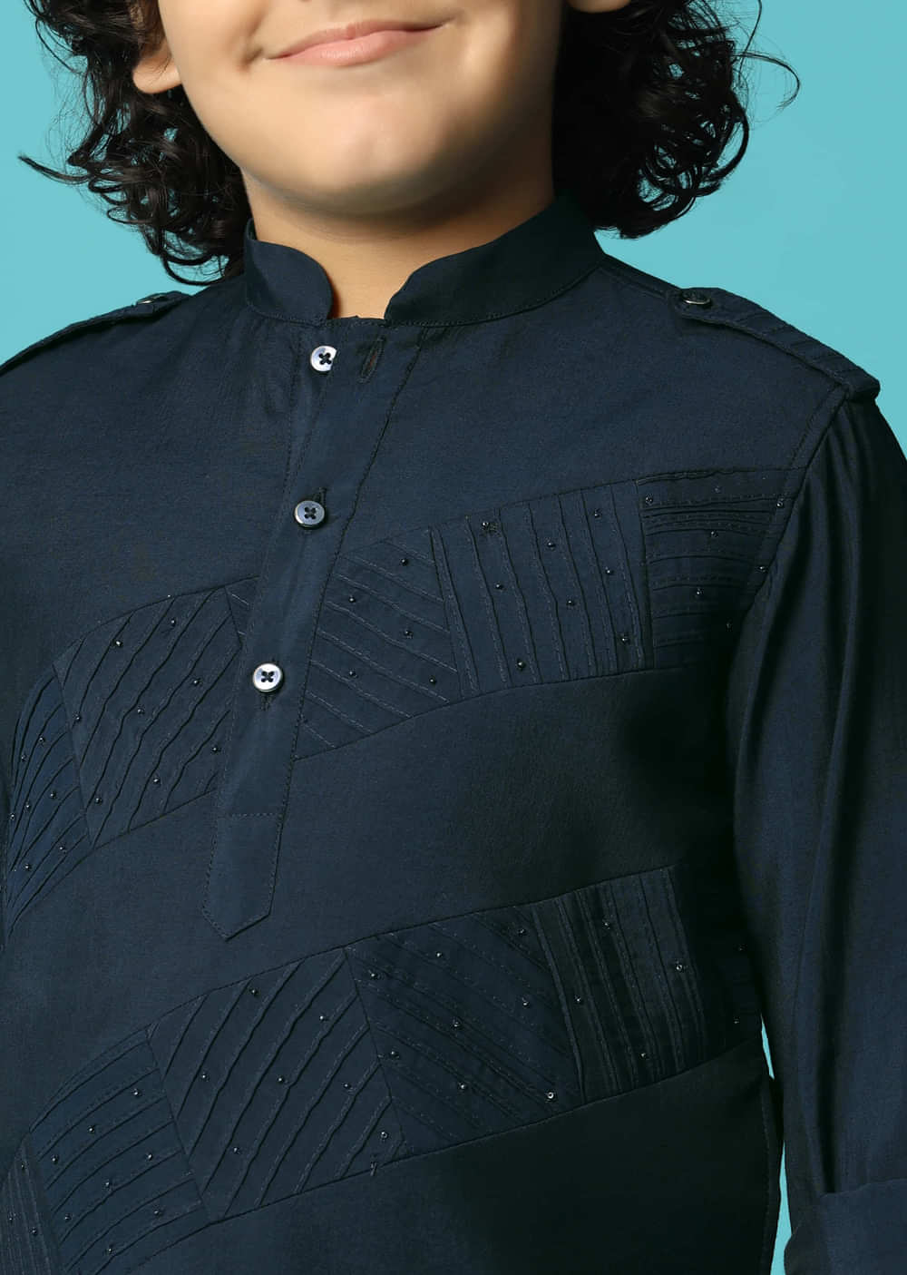 Navy Blue Embroidered Silk Kurta Pant For Boys