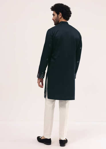 Navy Blue Embroidered Silk Kurta Set For Men