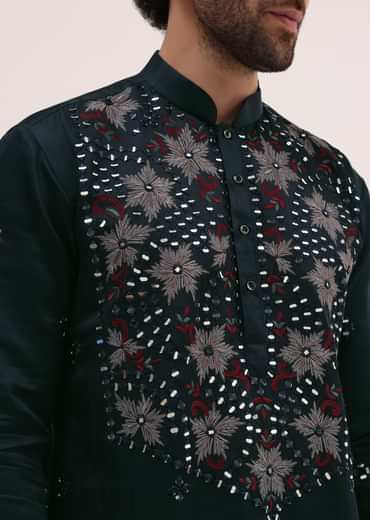 Navy Blue Embroidered Silk Kurta Set For Men