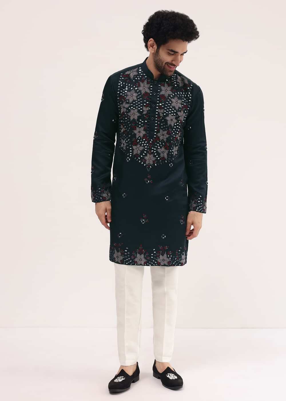 Navy Blue Embroidered Silk Kurta Set For Men