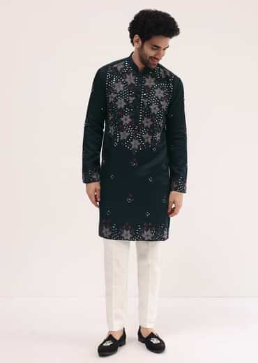 Navy Blue Embroidered Silk Kurta Set For Men