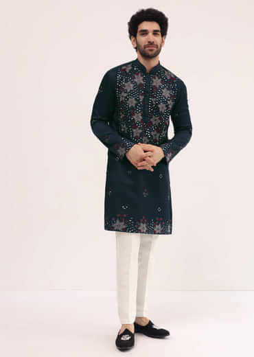 Navy Blue Embroidered Silk Kurta Set For Men