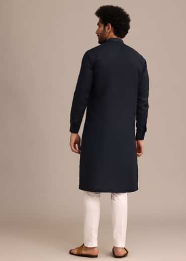 Navy Blue Floral Resham Handwork Kurta Set In Linen