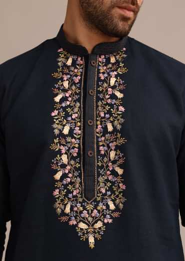 Navy Blue Floral Resham Handwork Kurta Set In Linen