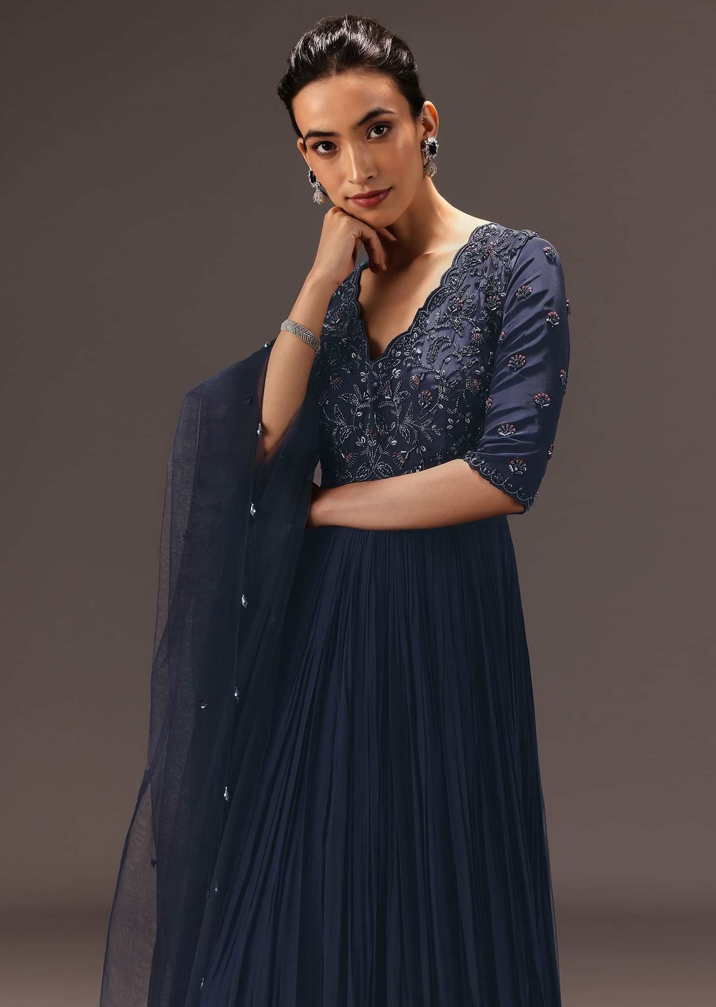 Navy Blue Hand Embroidered Anarkali Suit With Dupatta