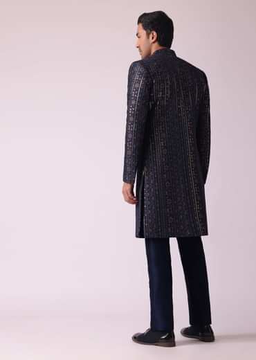 Navy Blue Indowestern Set In Dupion