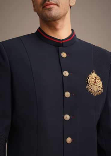 Navy Blue Indowestern Set With Animal Motif Brooch