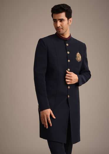 Navy Blue Indowestern Set With Animal Motif Brooch