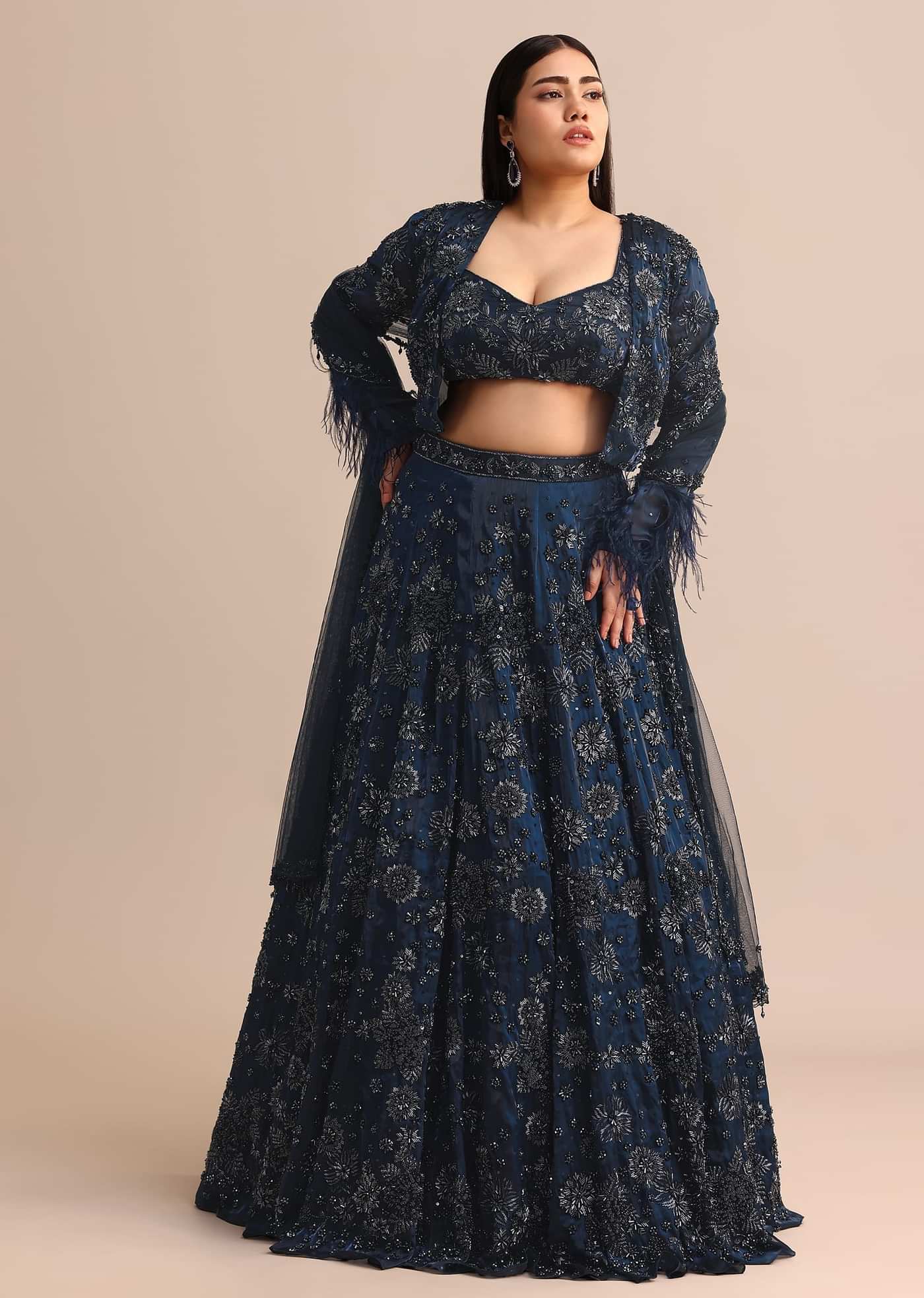Navy Blue Jacket Kali Lehenga With Dupatta