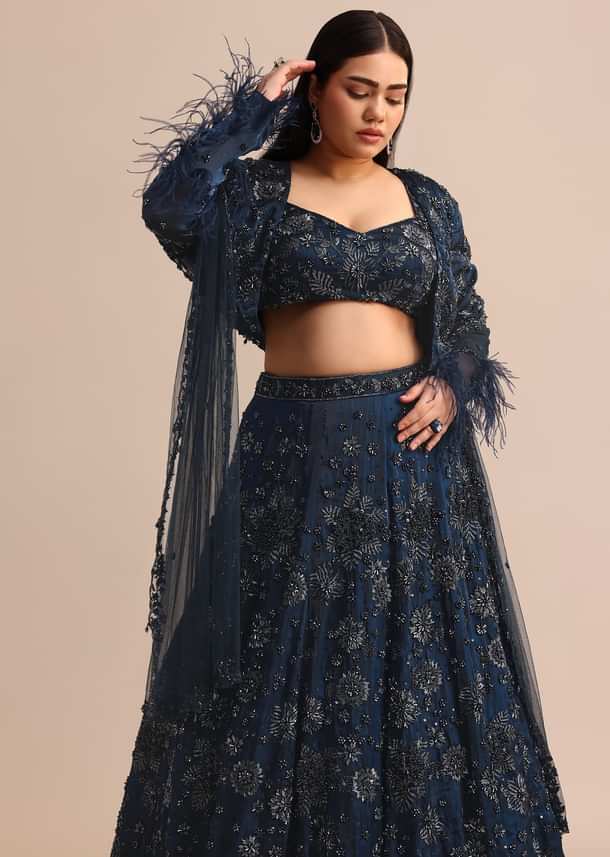 Navy Blue Jacket Kali Lehenga With Dupatta