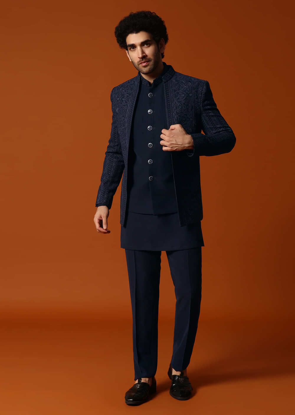 Navy Blue Jodhpuri Set In Resham Work For Men