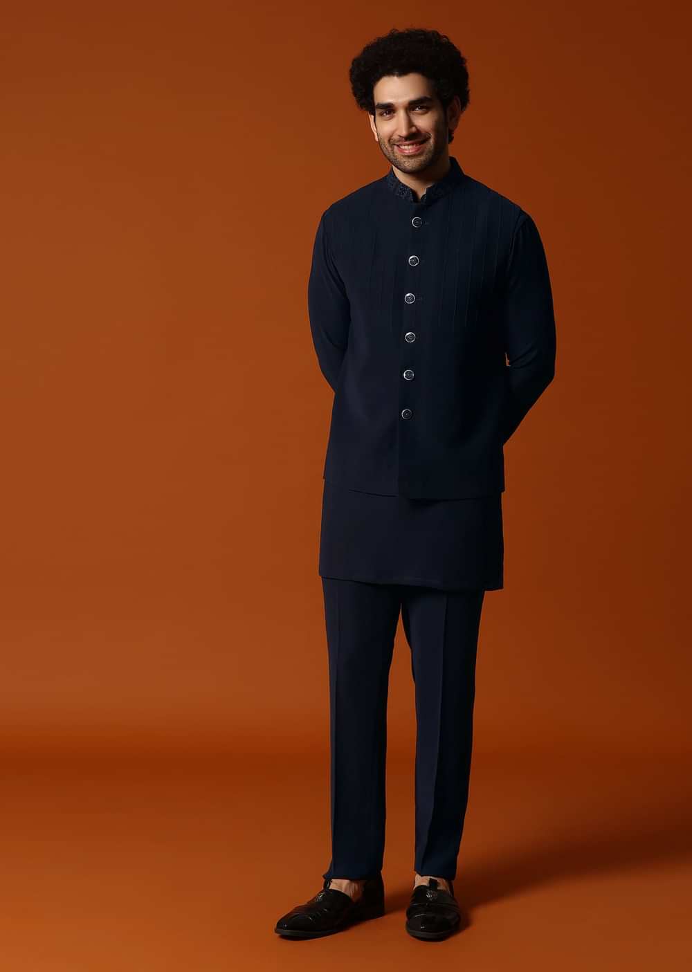 Navy Blue Jodhpuri Set In Resham Work For Men