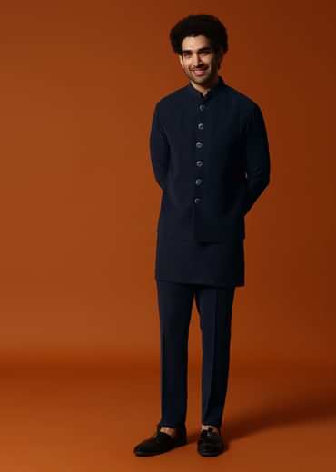 Navy Blue Jodhpuri Set In Resham Work For Men