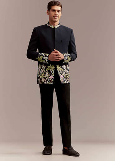 Navy Blue Jodhpuri Suit For Men With Tropical Floral Embroidery