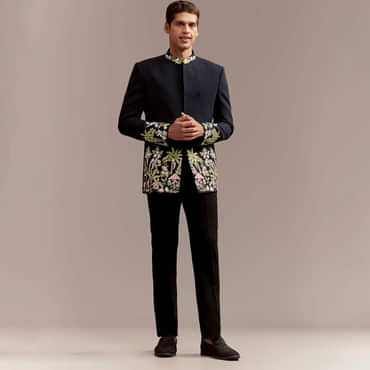 Navy Blue Jodhpuri Suit For Men With Tropical Floral Embroidery