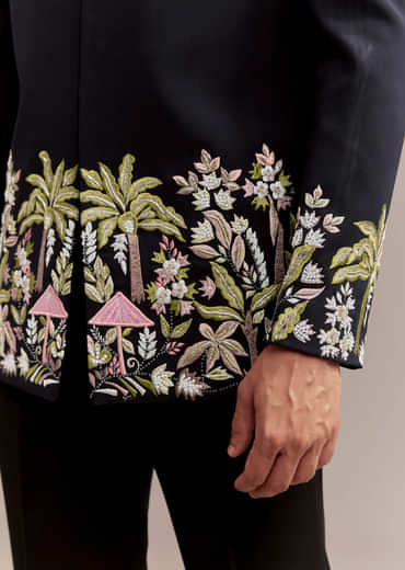 Navy Blue Jodhpuri Suit For Men With Tropical Floral Embroidery