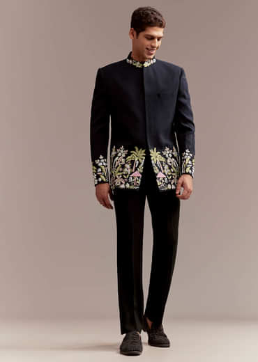 Navy Blue Jodhpuri Suit For Men With Tropical Floral Embroidery