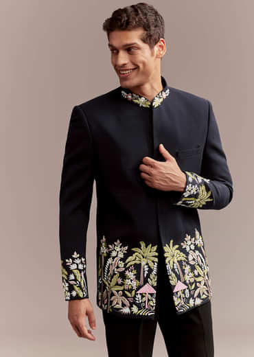 Navy Blue Jodhpuri Suit For Men With Tropical Floral Embroidery