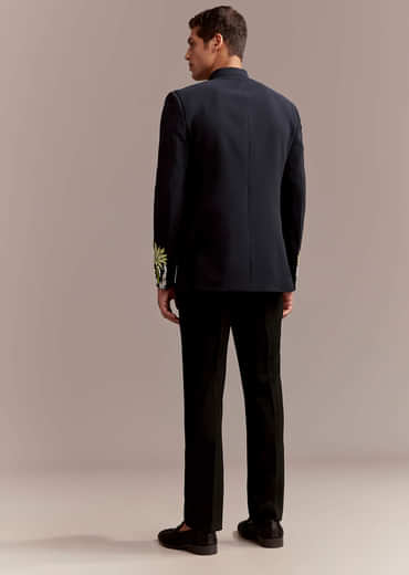 Navy Blue Jodhpuri Suit For Men With Tropical Floral Embroidery