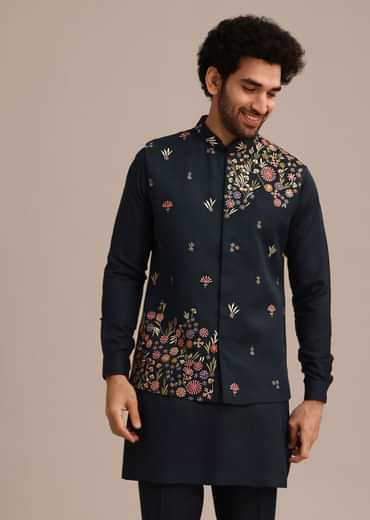 Navy Blue Kurta Jacket Set With Floral Embroidered Motifs