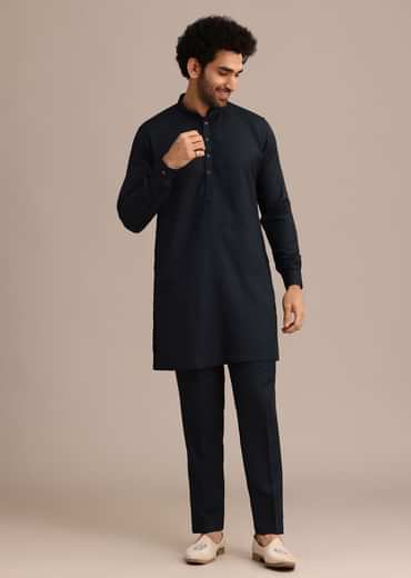 Navy Blue Kurta Jacket Set With Floral Embroidered Motifs