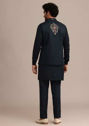 Navy Blue Kurta Jacket Set With Floral Embroidered Motifs