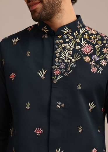 Navy Blue Kurta Jacket Set With Floral Embroidered Motifs