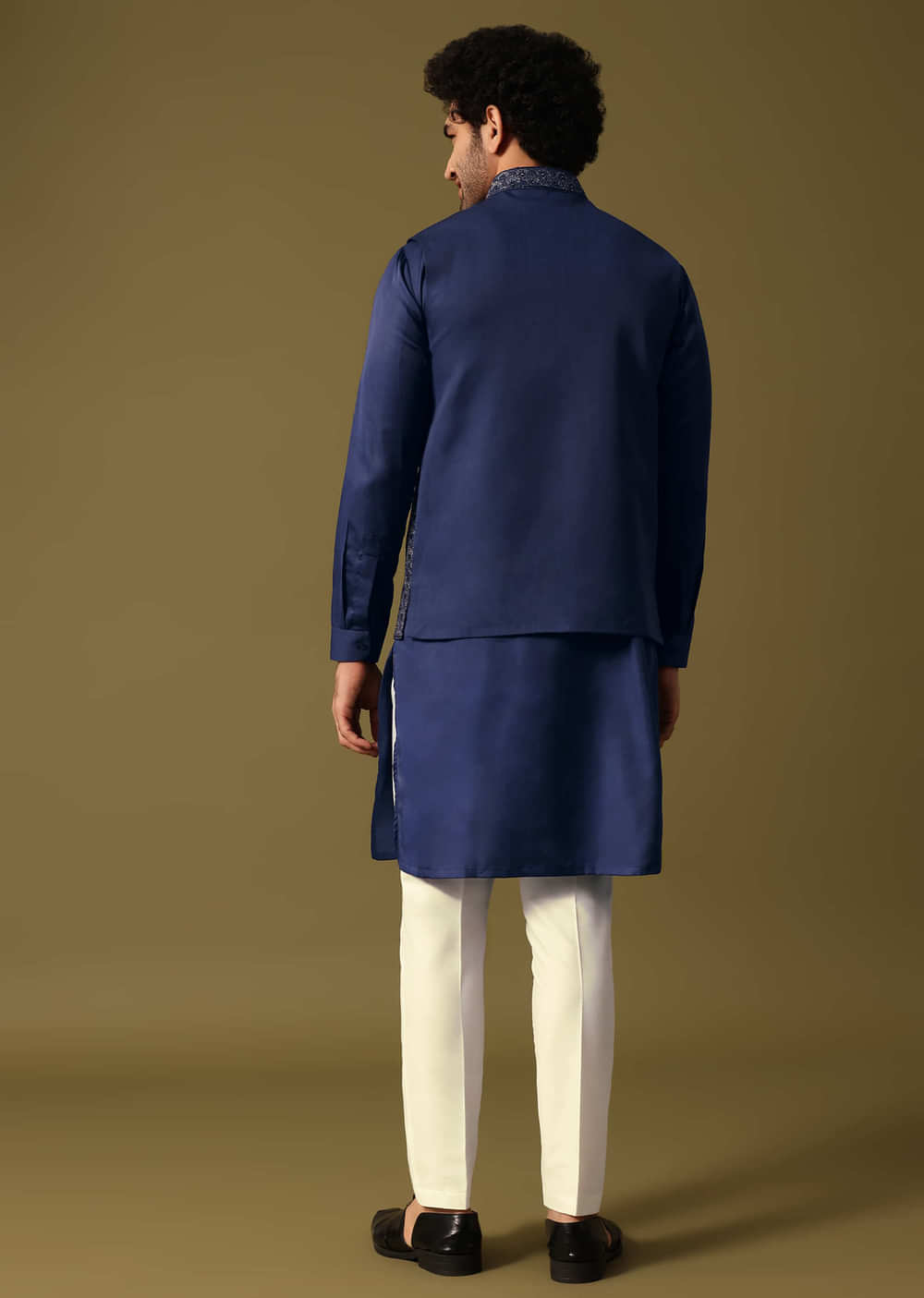 Navy Blue Kurta Jacket Set With Resham And Mirror Work For Men