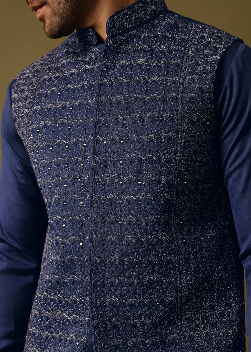 Navy Blue Kurta Jacket Set With Resham And Mirror Work For Men