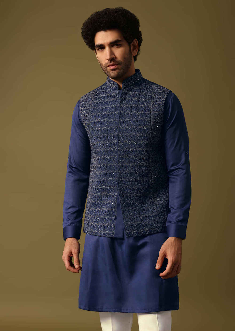 Navy Blue Kurta Jacket Set With Resham And Mirror Work For Men