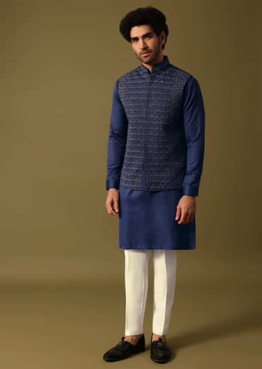 Navy Blue Kurta Jacket Set With Resham And Mirror Work For Men