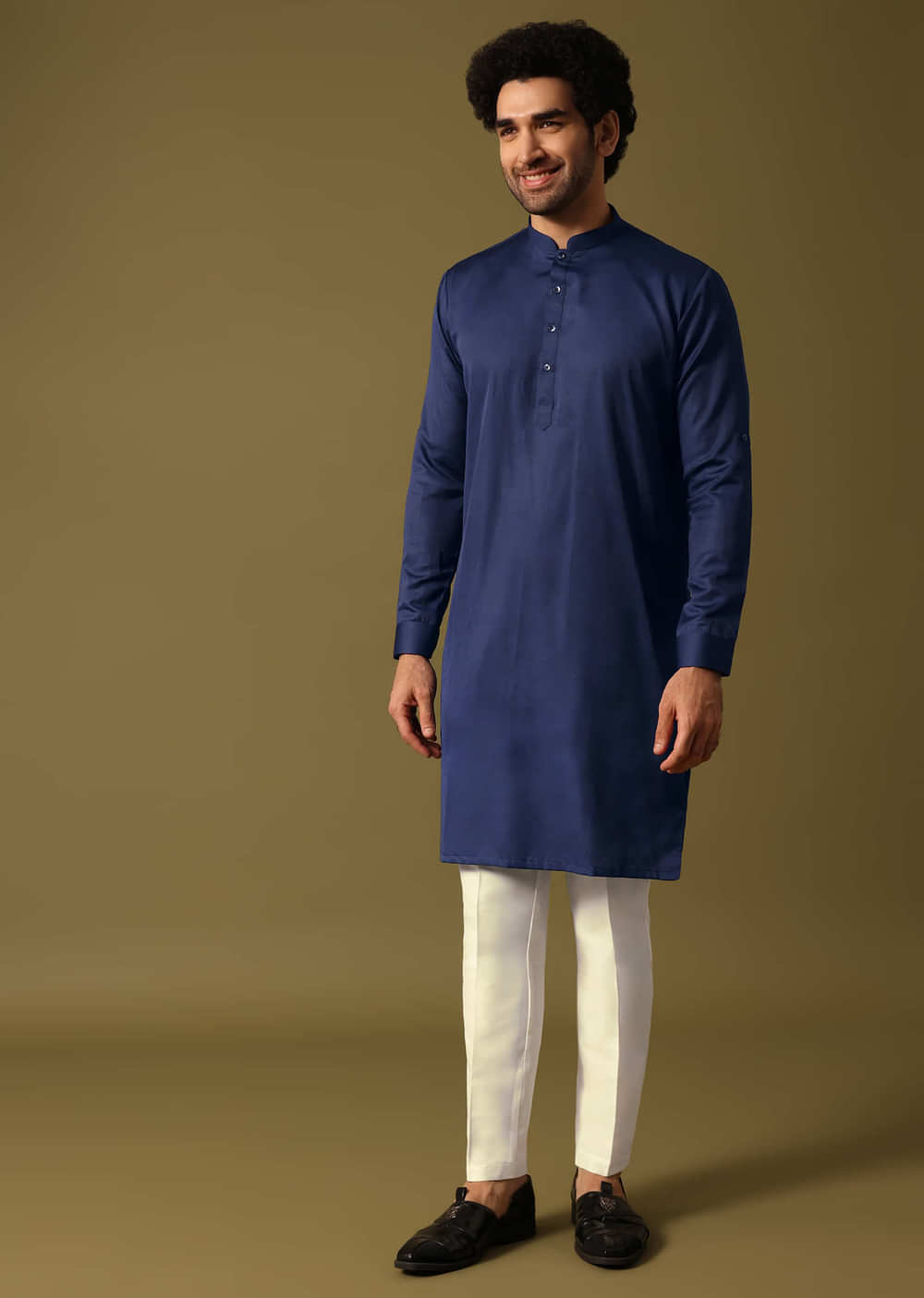 Navy Blue Kurta Jacket Set With Resham And Mirror Work For Men