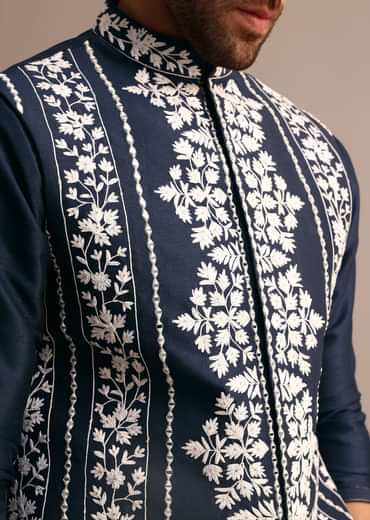 Navy Blue Kurta Jacket Set With Thread And Mirror Work