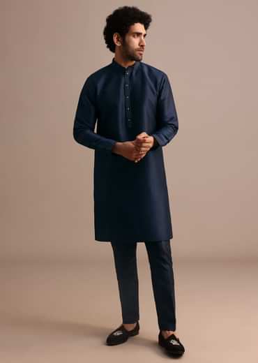 Navy Blue Kurta Jacket Set With Thread And Mirror Work
