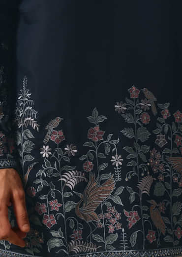 Navy Blue Kurta Set In Resham Work For Men