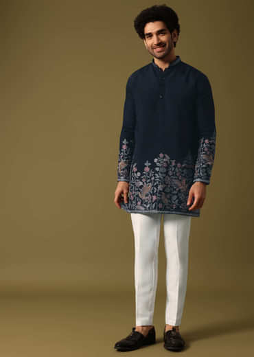 Navy Blue Kurta Set In Resham Work For Men