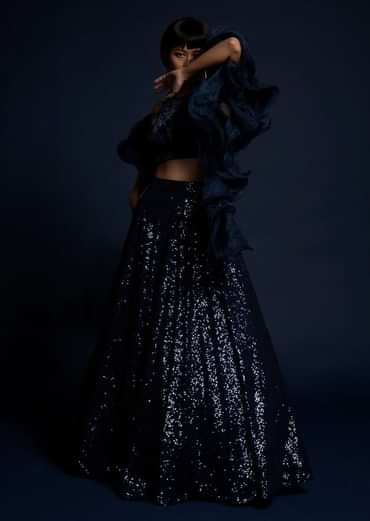 Navy Blue Lehenga Embellished In Sequins With Cut Dana Embellished Crop Top And Ruffle Dupatta