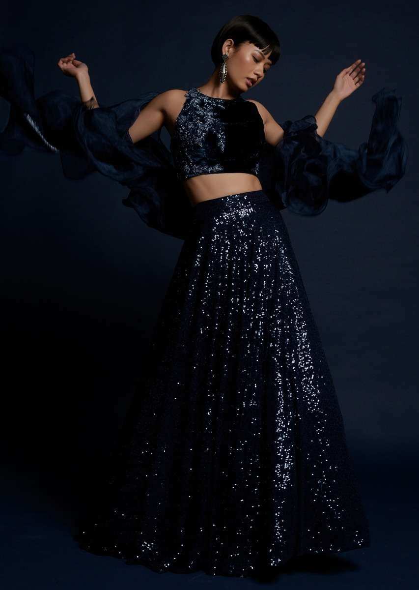 Navy Blue Lehenga Embellished In Sequins With Cut Dana Embellished Crop Top And Ruffle Dupatta