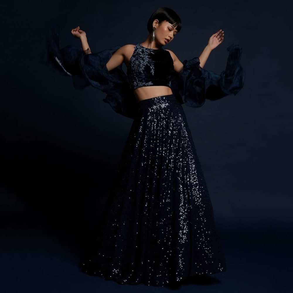 Navy Blue Lehenga Embellished In Sequins With Cut Dana Embellished Crop Top And Ruffle Dupatta