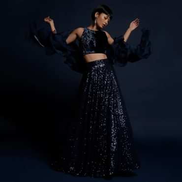 Navy Blue Lehenga Embellished In Sequins With Cut Dana Embellished Crop Top And Ruffle Dupatta