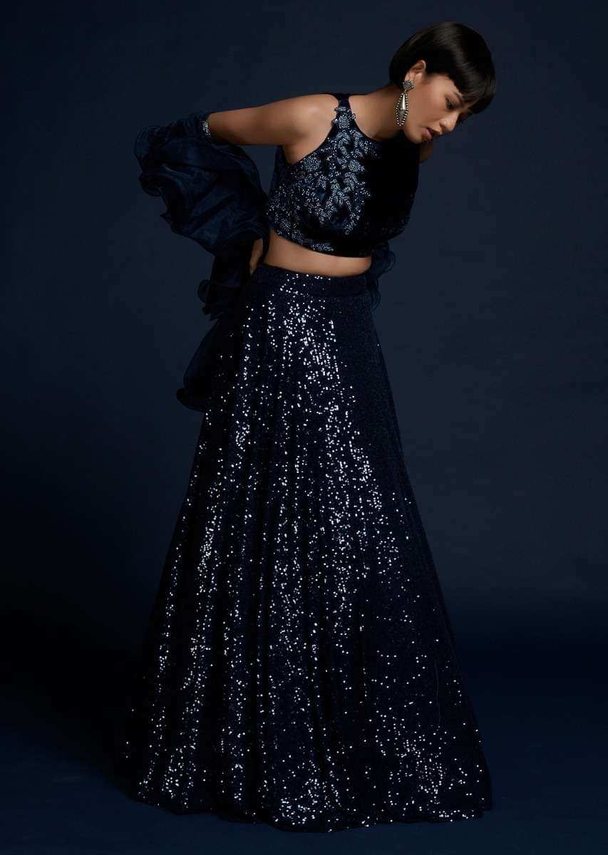 Navy Blue Lehenga Embellished In Sequins With Cut Dana Embellished Crop Top And Ruffle Dupatta