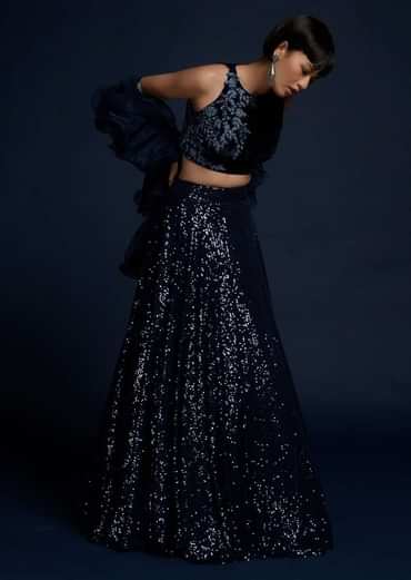 Navy Blue Lehenga Embellished In Sequins With Cut Dana Embellished Crop Top And Ruffle Dupatta
