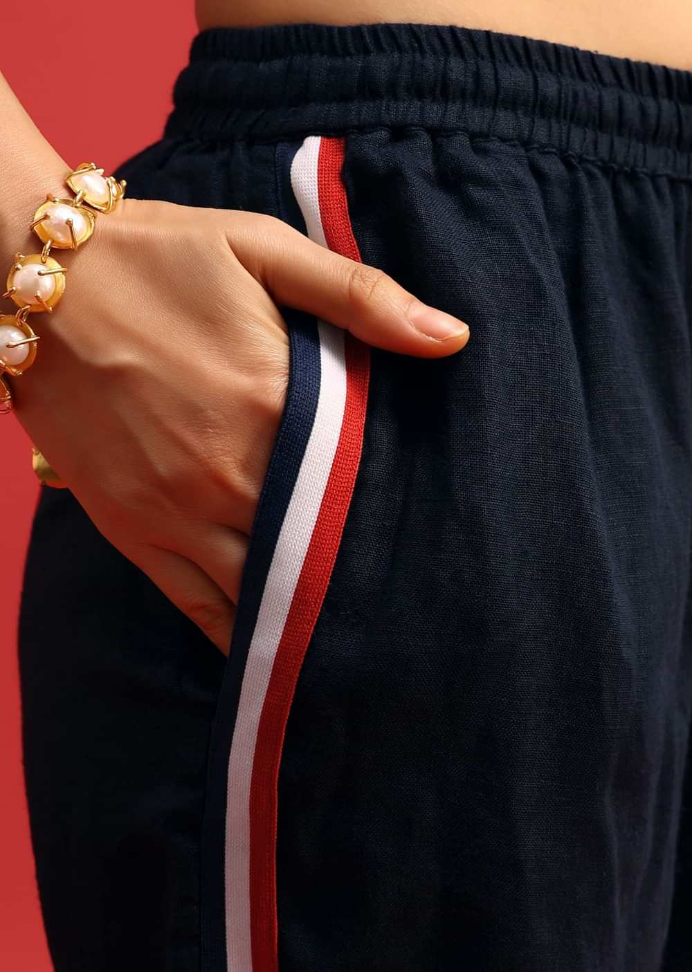 Navy Blue Linen Co ord Set With Patchwork