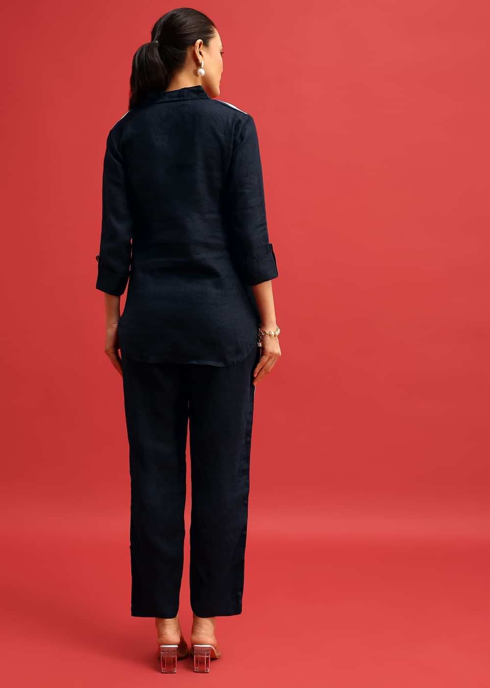 Navy Blue Linen Co ord Set With Patchwork