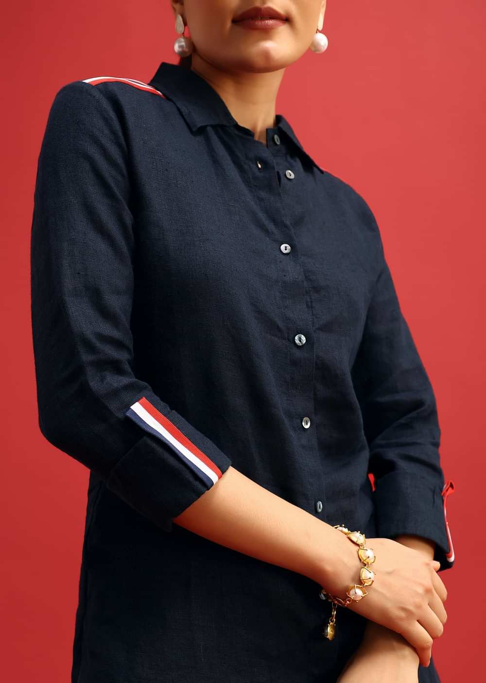 Navy Blue Linen Co ord Set With Patchwork