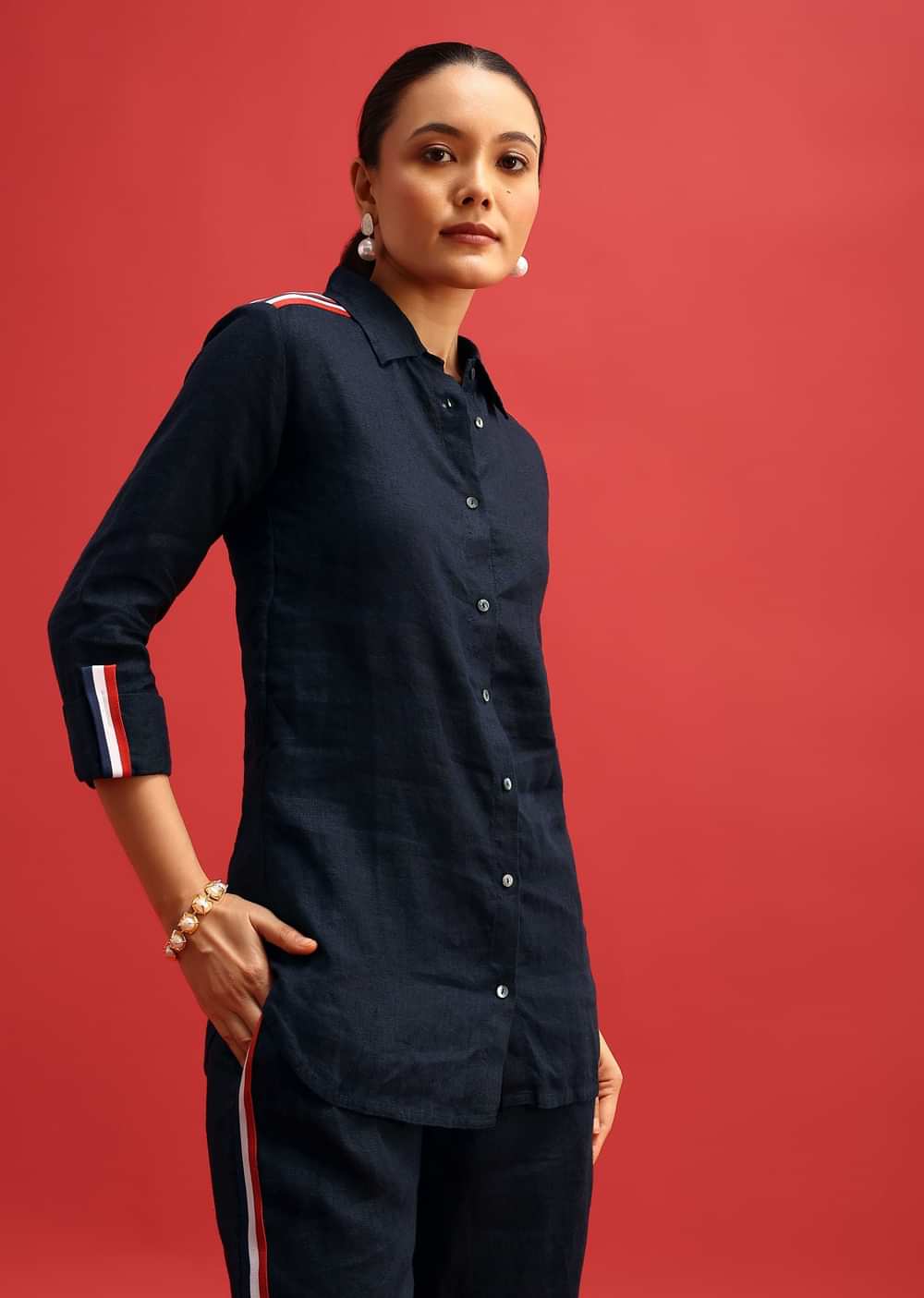 Navy Blue Linen Co ord Set With Patchwork