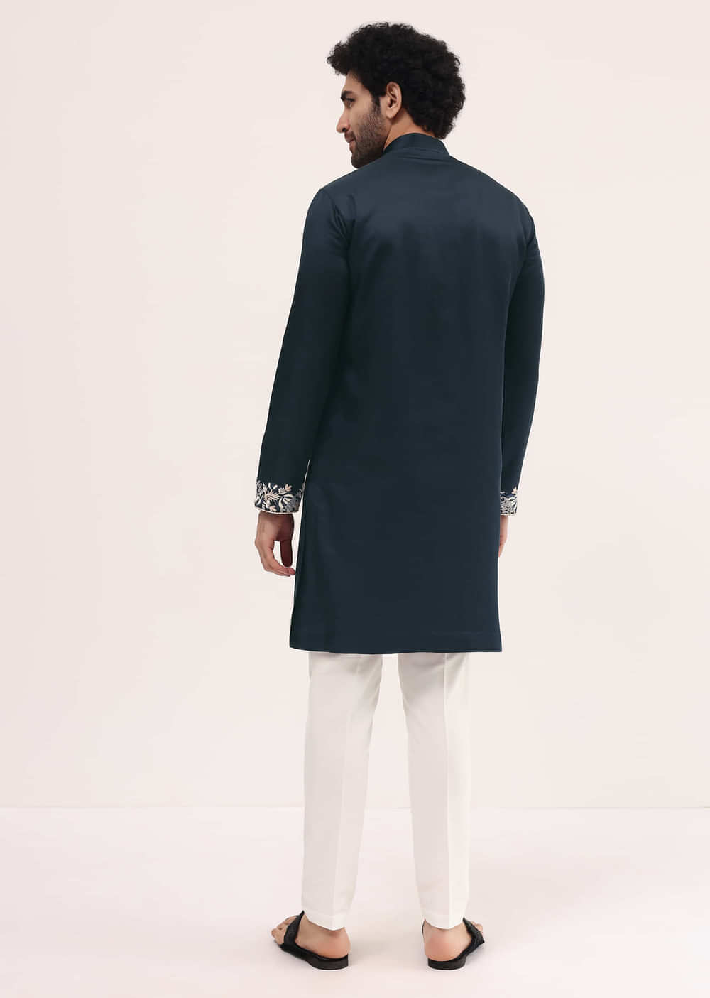 Navy Blue Linen Kurta Set In Resham Work For Men