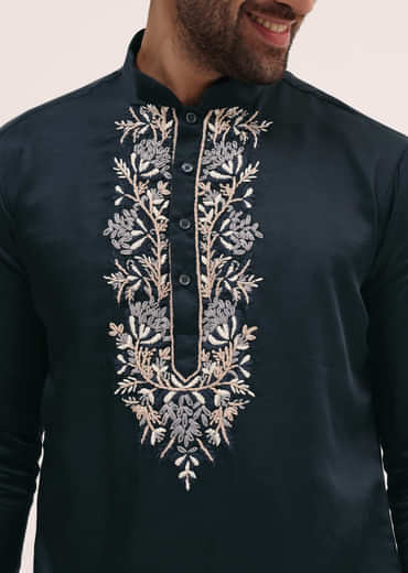 Navy Blue Linen Kurta Set In Resham Work For Men
