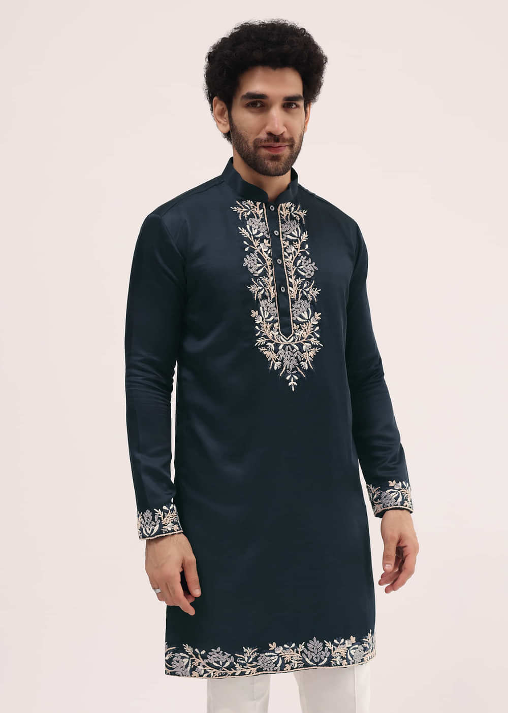 Navy Blue Linen Kurta Set In Resham Work For Men